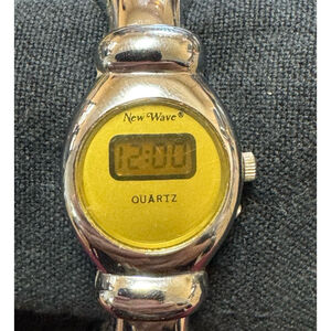 New Wave Vintage Silver & Yellow Digital Quartz Cuff Wrist Watch